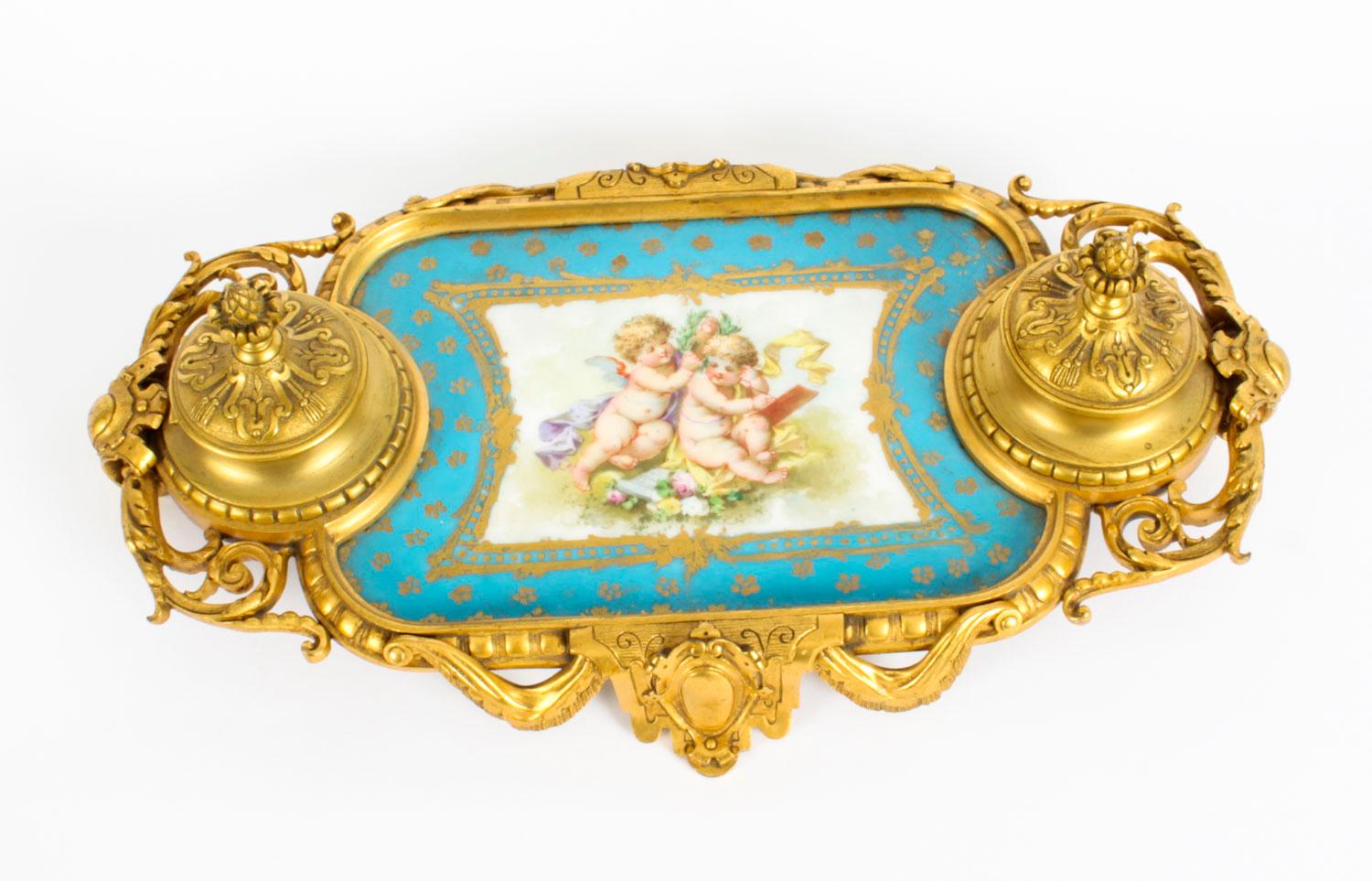 Antique French Ormolu and Sèvres Porcelain Standish Inkstand, 19th Century 6