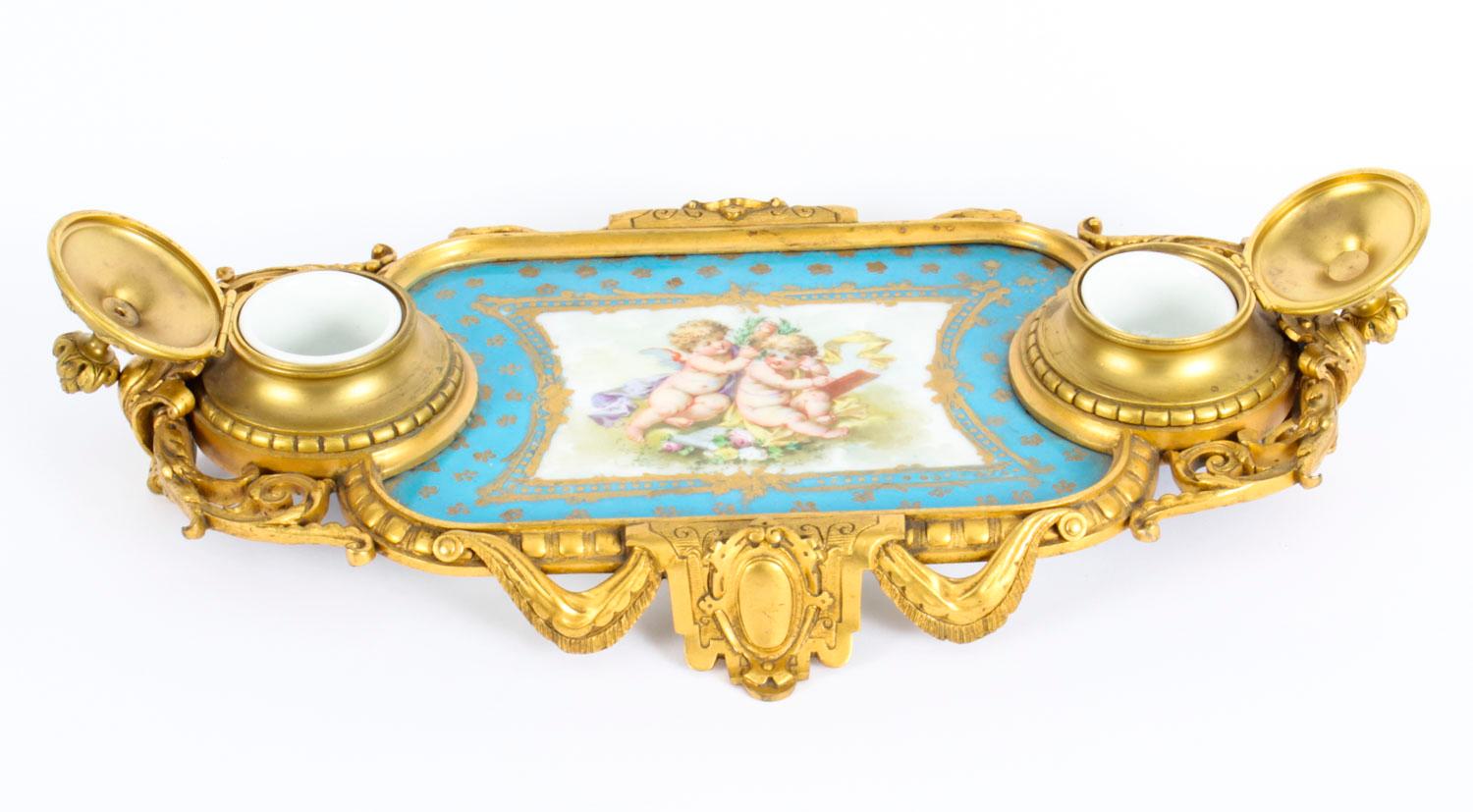 Antique French Ormolu and Sèvres Porcelain Standish Inkstand, 19th Century 7