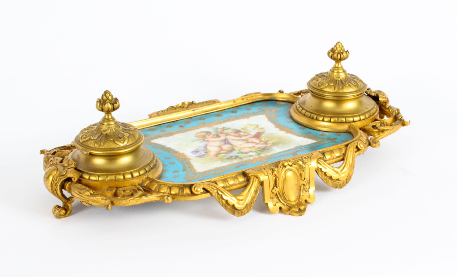 Antique French Ormolu and Sèvres Porcelain Standish Inkstand, 19th Century 9