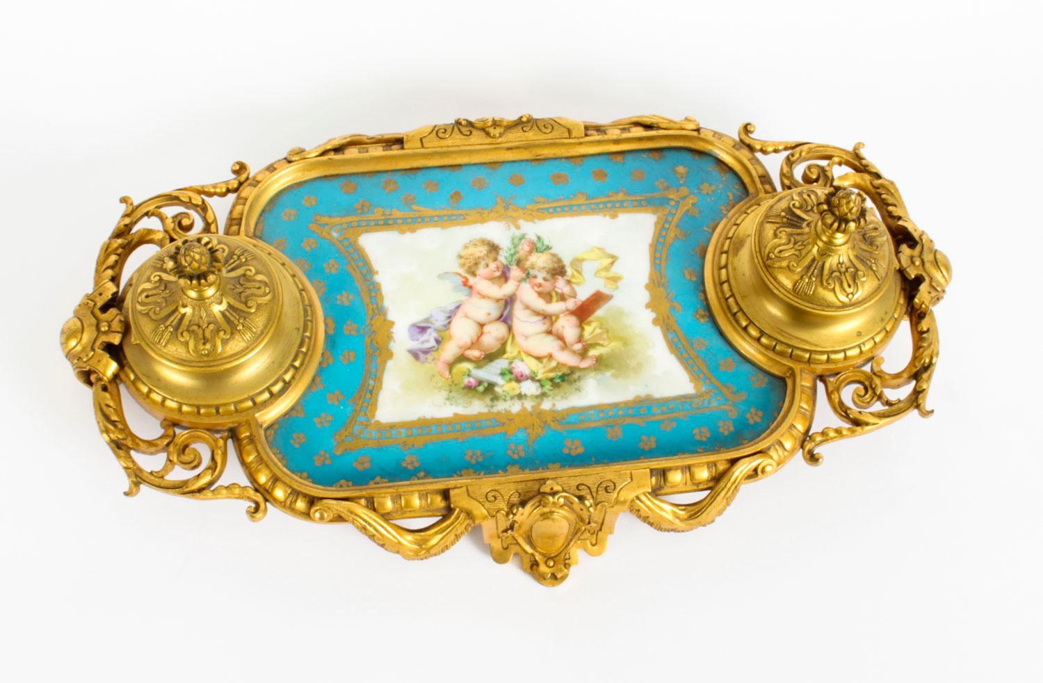 Antique French Ormolu and Sèvres Porcelain Standish Inkstand, 19th Century In Good Condition In London, GB