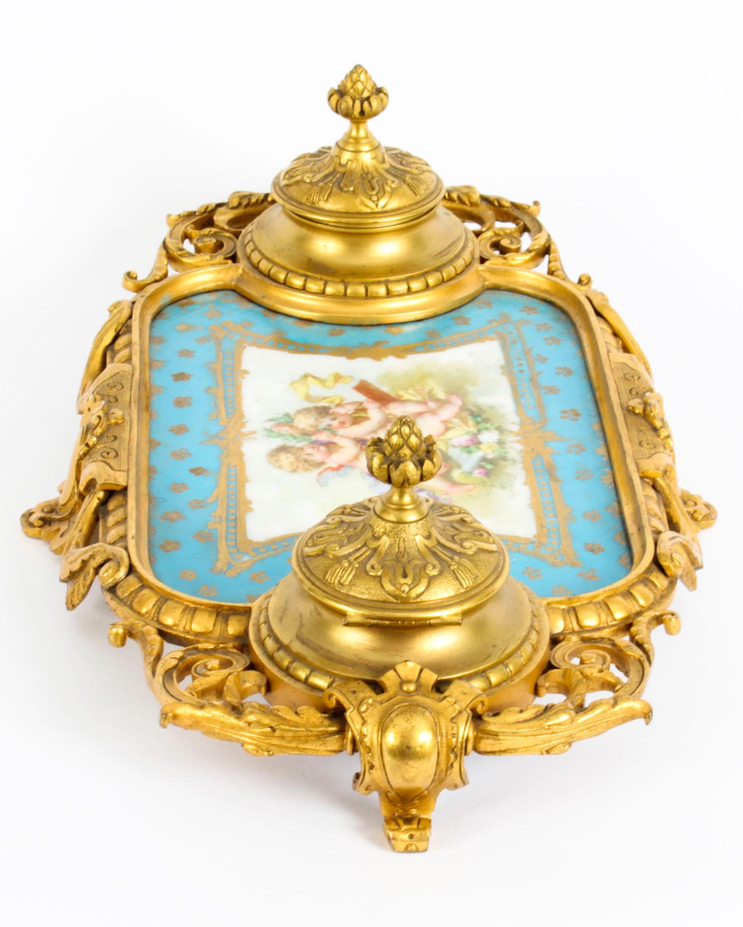Antique French Ormolu and Sèvres Porcelain Standish Inkstand, 19th Century 4