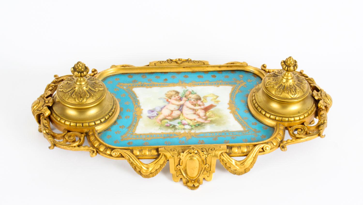 Antique French Ormolu and Sèvres Porcelain Standish Inkstand, 19th Century 5