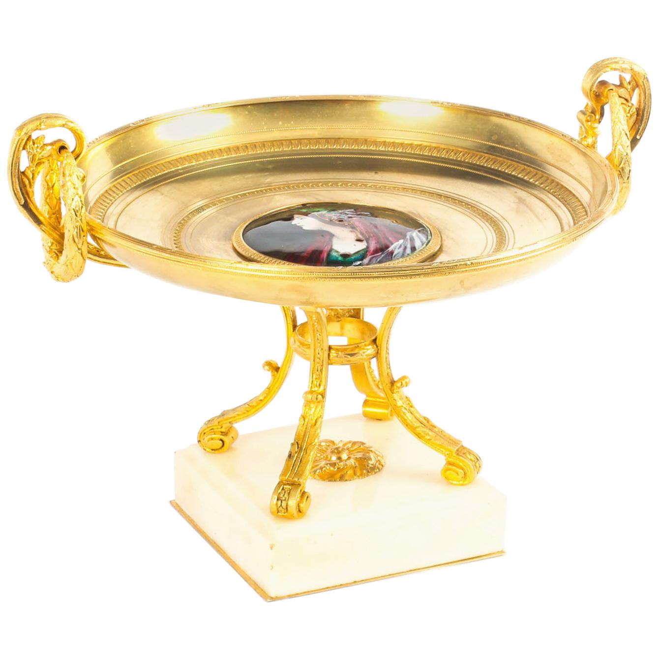 Antique French Ormolu Tazza with Limoges Enamel Plaque, 19th Century For Sale