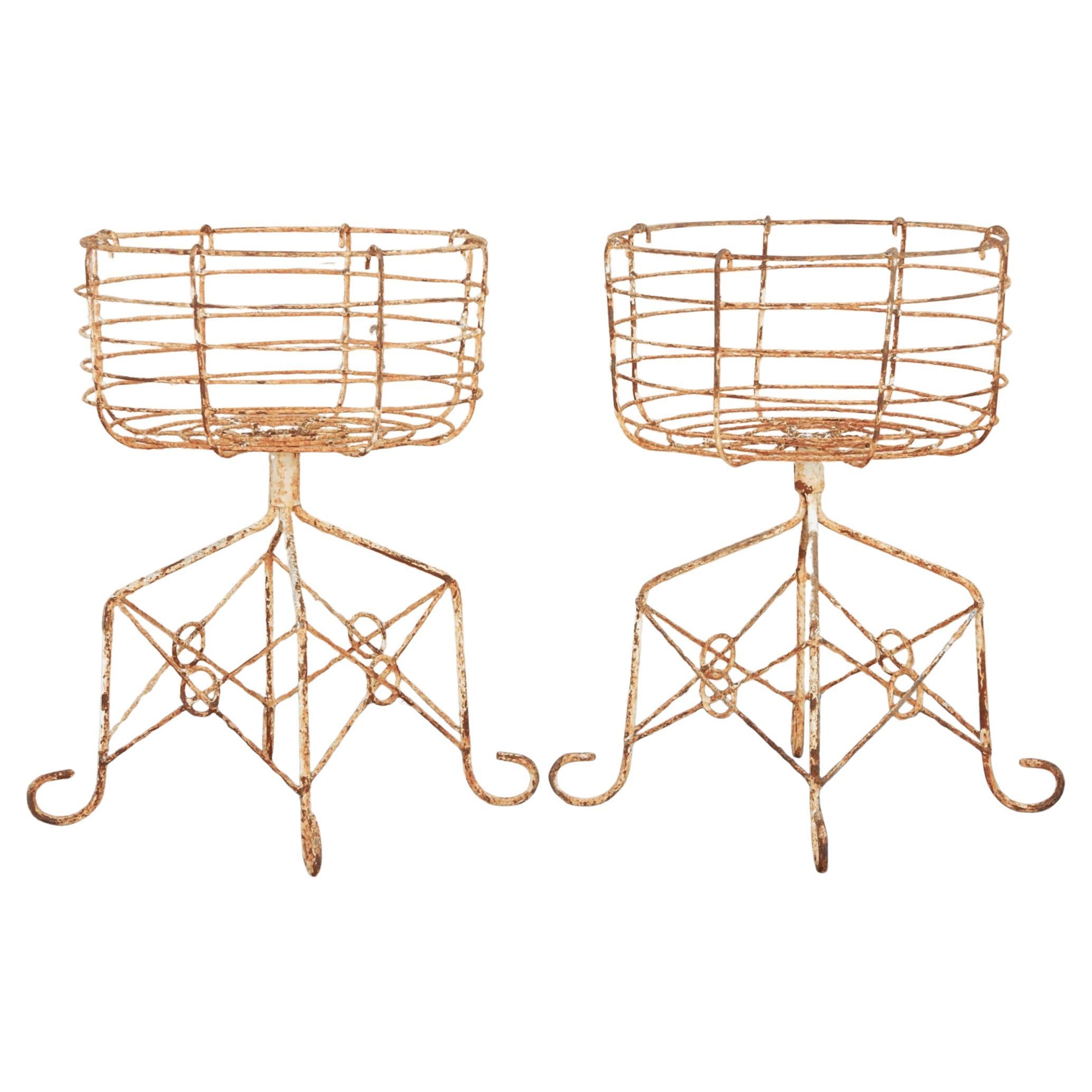 Antique French Ornamental Iron Wire Garden Planter Stands Pair