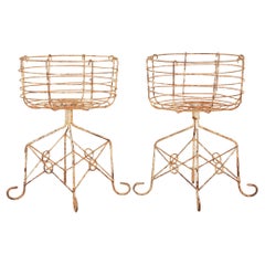 Antique French Ornamental Iron Wire Garden Planter Stands Pair