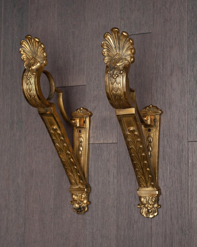 Antique French Ornate Bronze Curtain Rod Support Brackets For Sale at