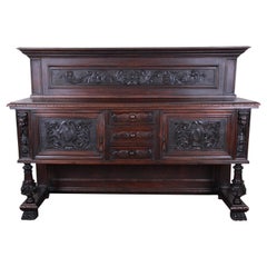 Antique French Ornate Carved Black Forest Sideboard or Bar Cabinet, circa 1890