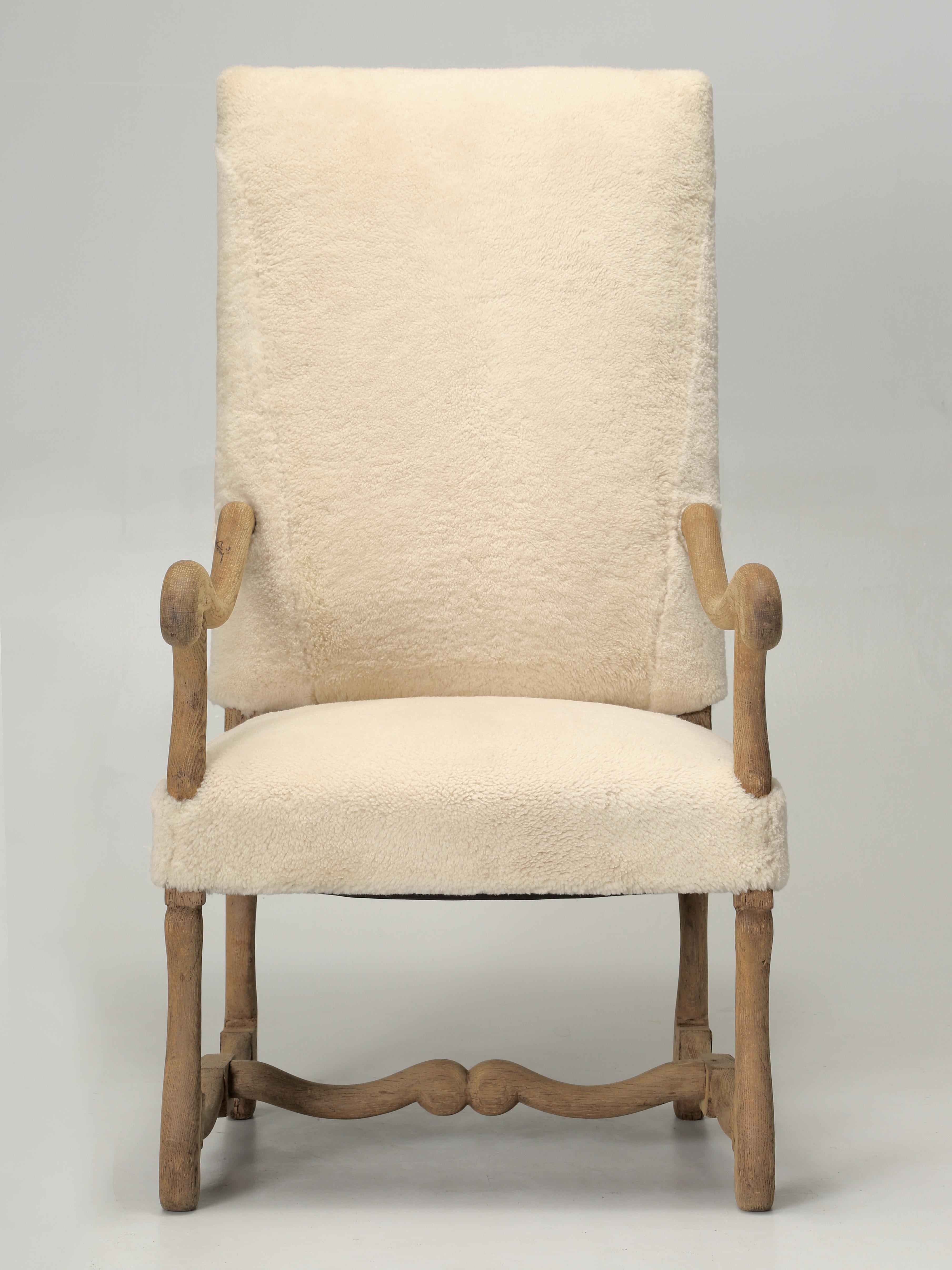 Antique French Os de Mouton Oak Arm Chair in Shearling Restored early 1800’s.
Having several Antique French Arm Chairs in stock, we collectively decided to try a few non-traditional concepts. Currently we have a pair of fur on hide French Arm Chairs