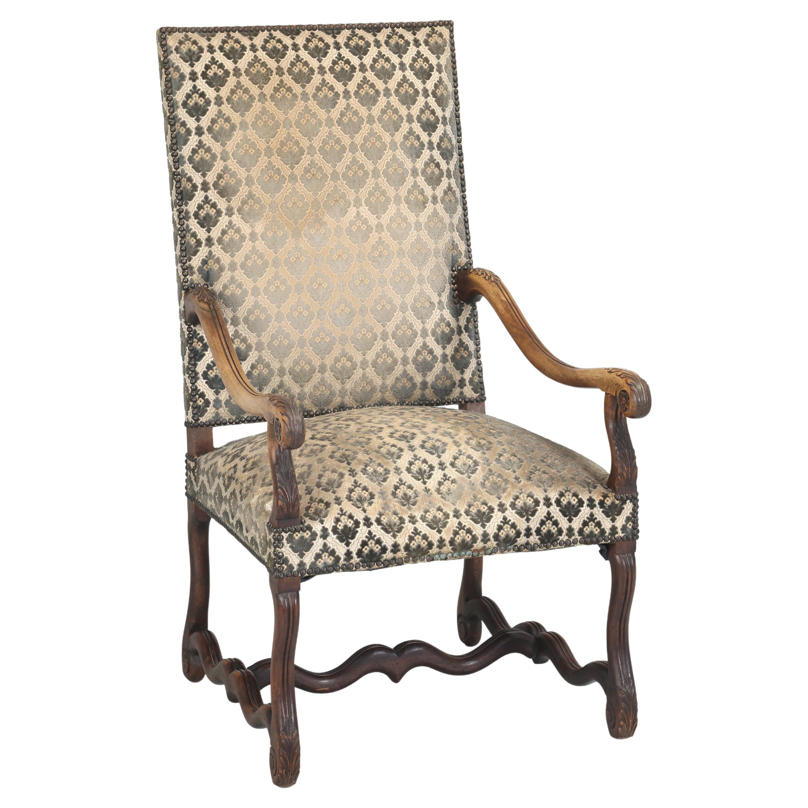 Antique French Os De Mouton Upholstered Armchair Hand Carved, circa Late 1800s 