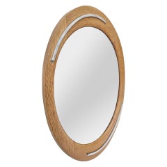 Antique French Oval Design Mirror, legno di Oak e acciaio inossidabile, circa 1960
