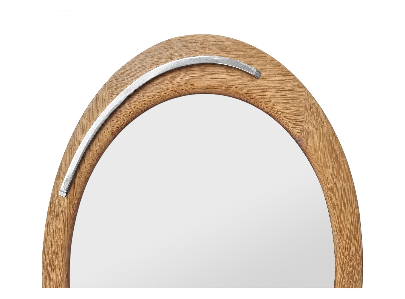 Antique French Oval Design Mirror, Oak Wood & Stainless Steel, circa 1960 In Good Condition For Sale In Paris, FR