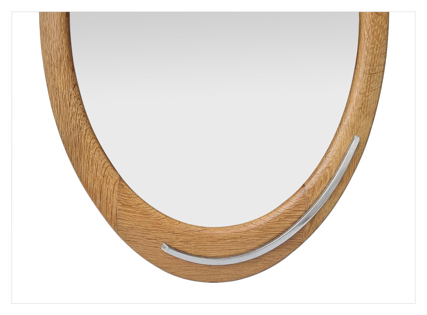 Mid-20th Century Antique French Oval Design Mirror, Oak Wood & Stainless Steel, circa 1960 For Sale