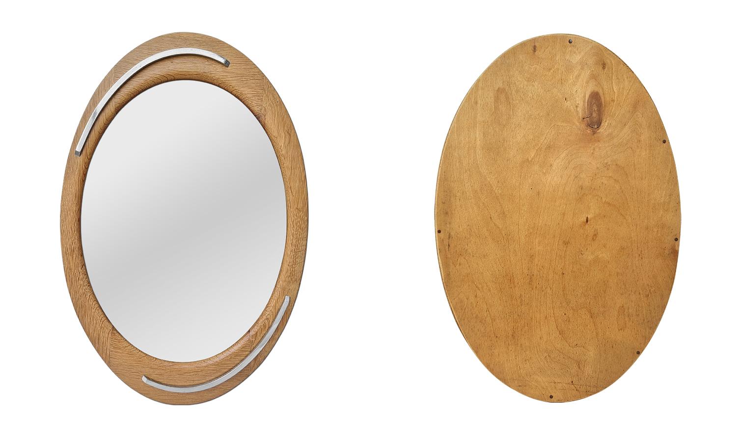Miroir ovale français ancien, bois de chêne et acier inoxydable, vers 1960 en vente 1