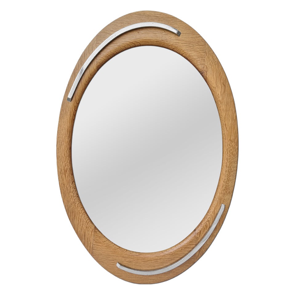 Antique French Oval Design Mirror, Oak Wood & Stainless Steel, circa 1960