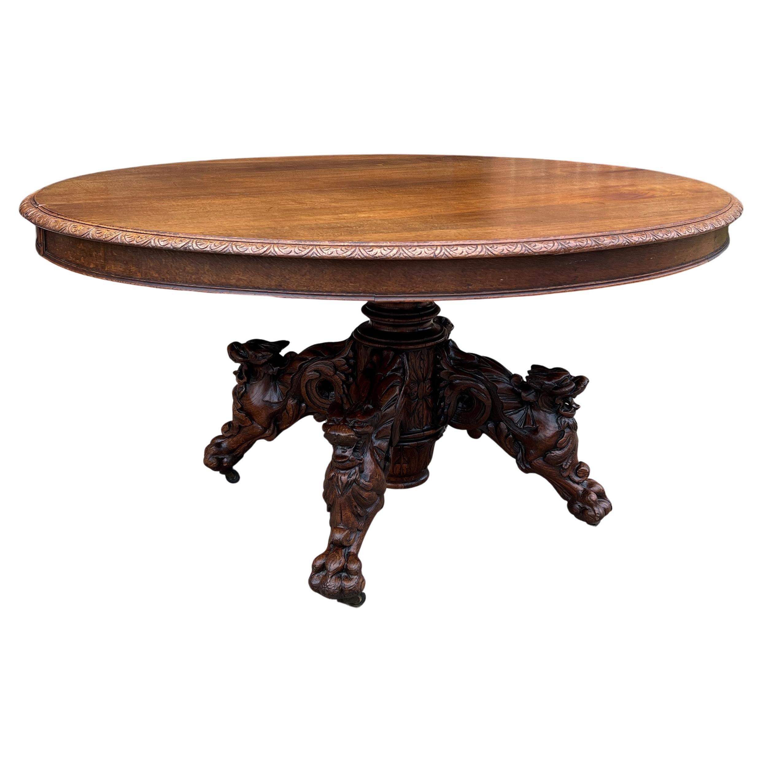 Antique French Oval Game Dining Table Pedestal Black Forest Hunt Honey Oak, 19thC For Sale
