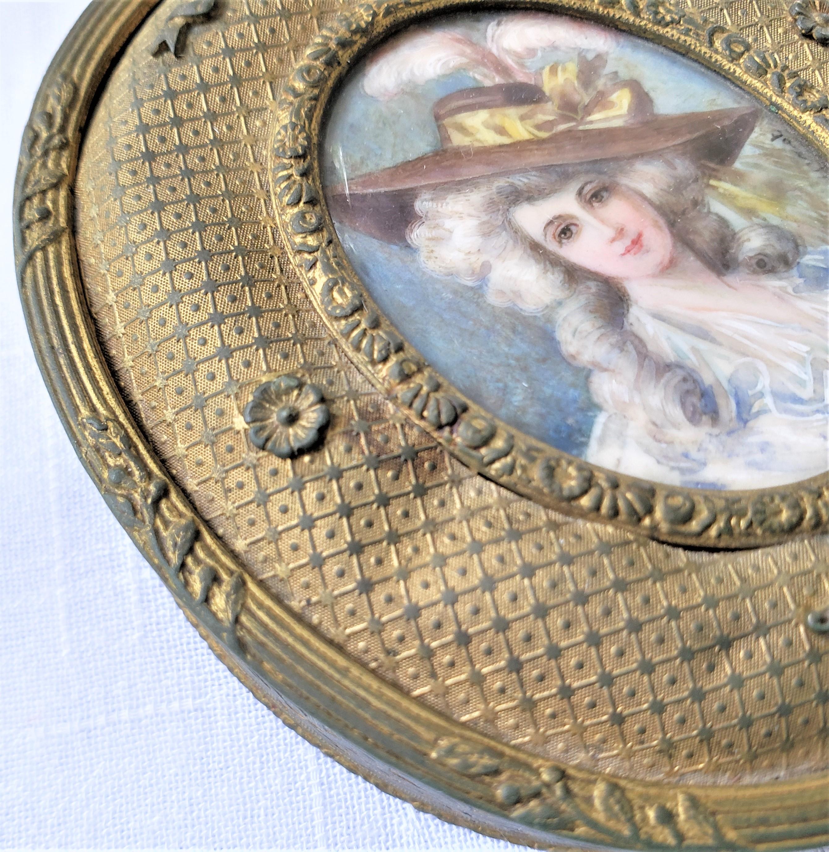 Antique French Oval Gilt Finished Metal Box with Signed Hand-Painted Portrait For Sale 7