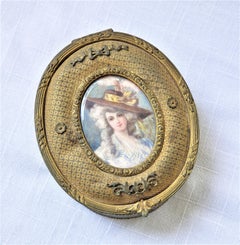 Antique French Oval Gilt Finished Metal Box with Signed Hand-Painted Portrait
