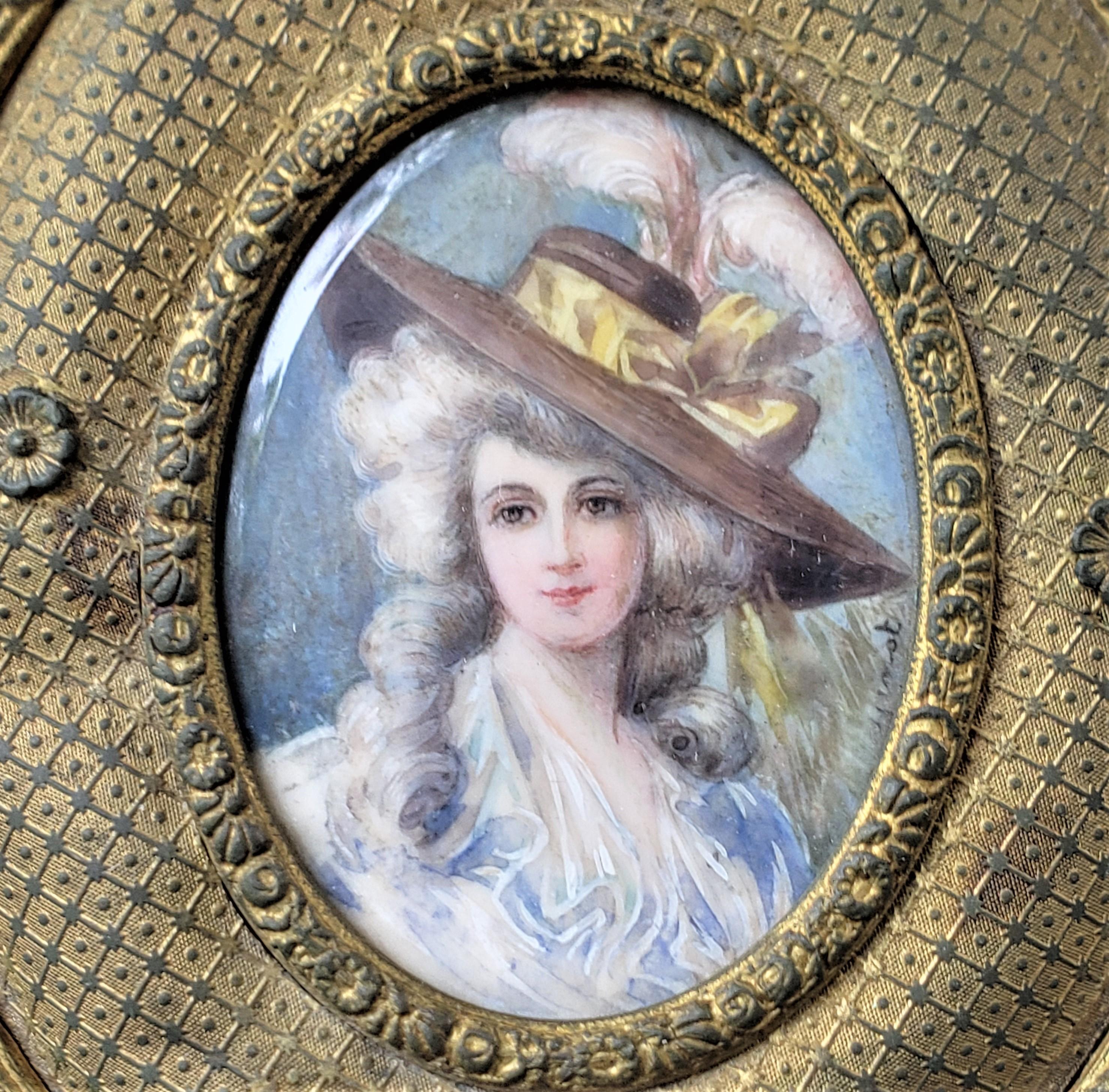Antique French Oval Gilt Finished Metal Box with Signed Hand-Painted Portrait In Good Condition For Sale In Hamilton, Ontario