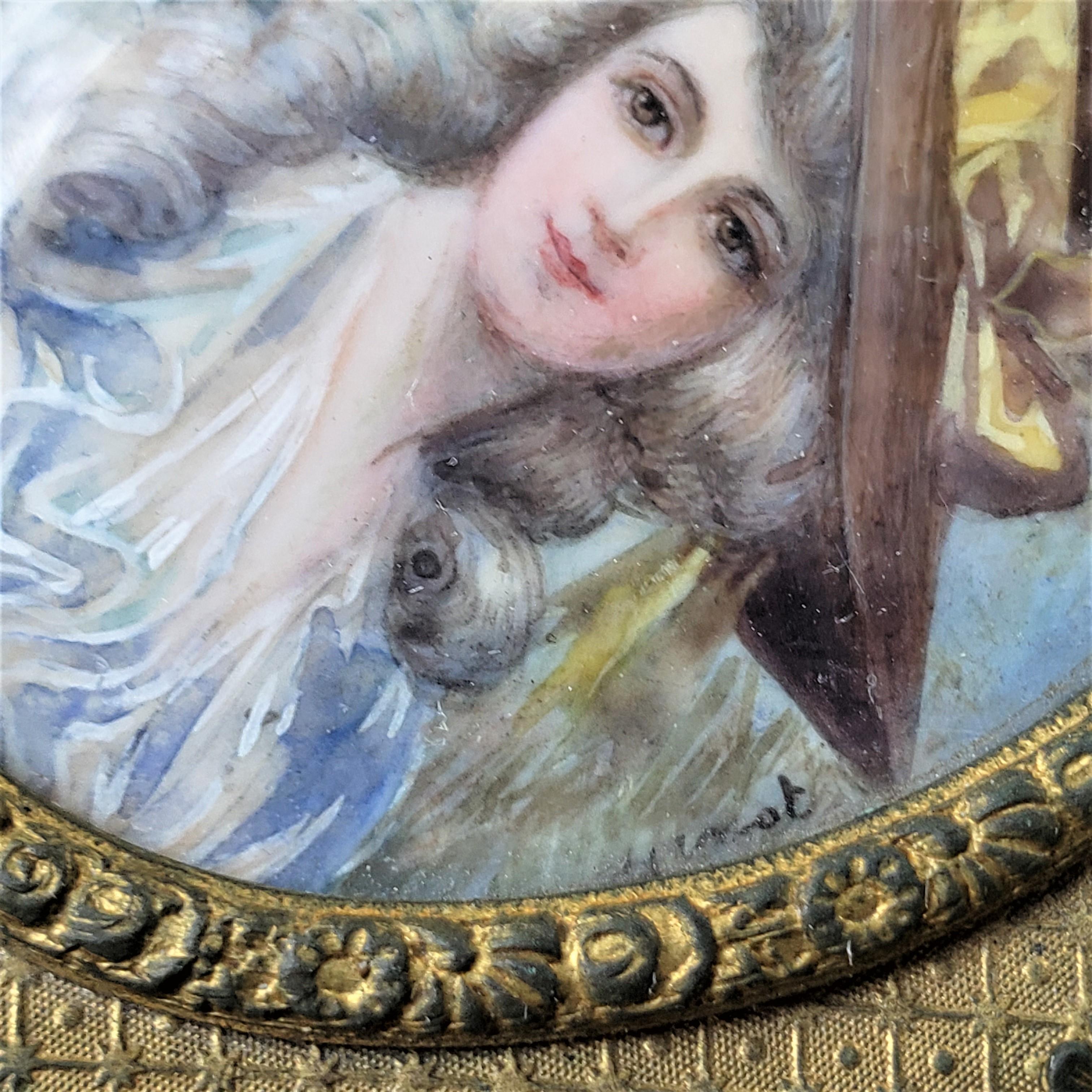 20th Century Antique French Oval Gilt Finished Metal Box with Signed Hand-Painted Portrait For Sale