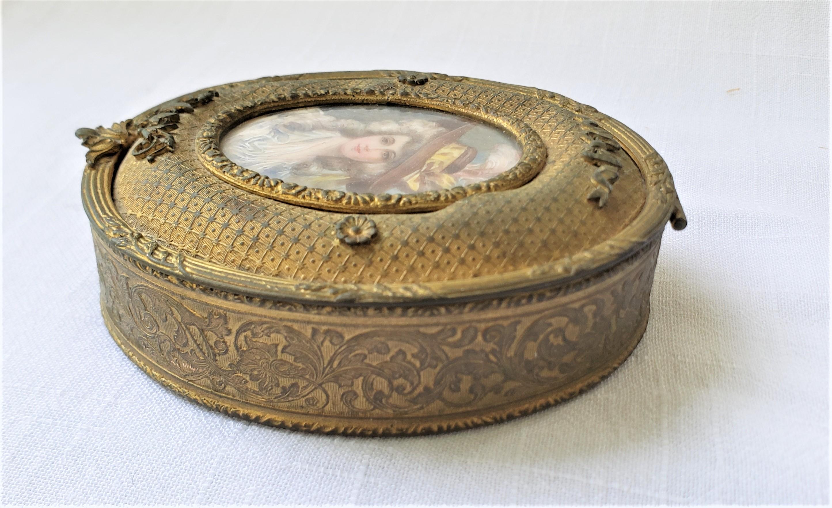 Antique French Oval Gilt Finished Metal Box with Signed Hand-Painted Portrait For Sale 1