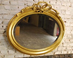 Antique French Oval Gold Gilt Mirror with Braided Rope Bow Crest