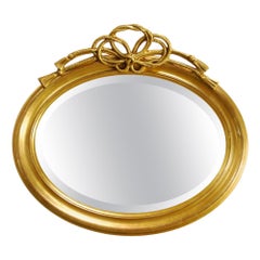 Antique French Oval Gold Gilt Mirror with Braided Rope Bow Crest