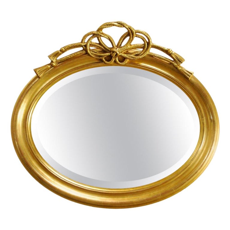 Antique French Oval Gold Gilt Mirror with Braided Rope Bow Crest at 1stDibs