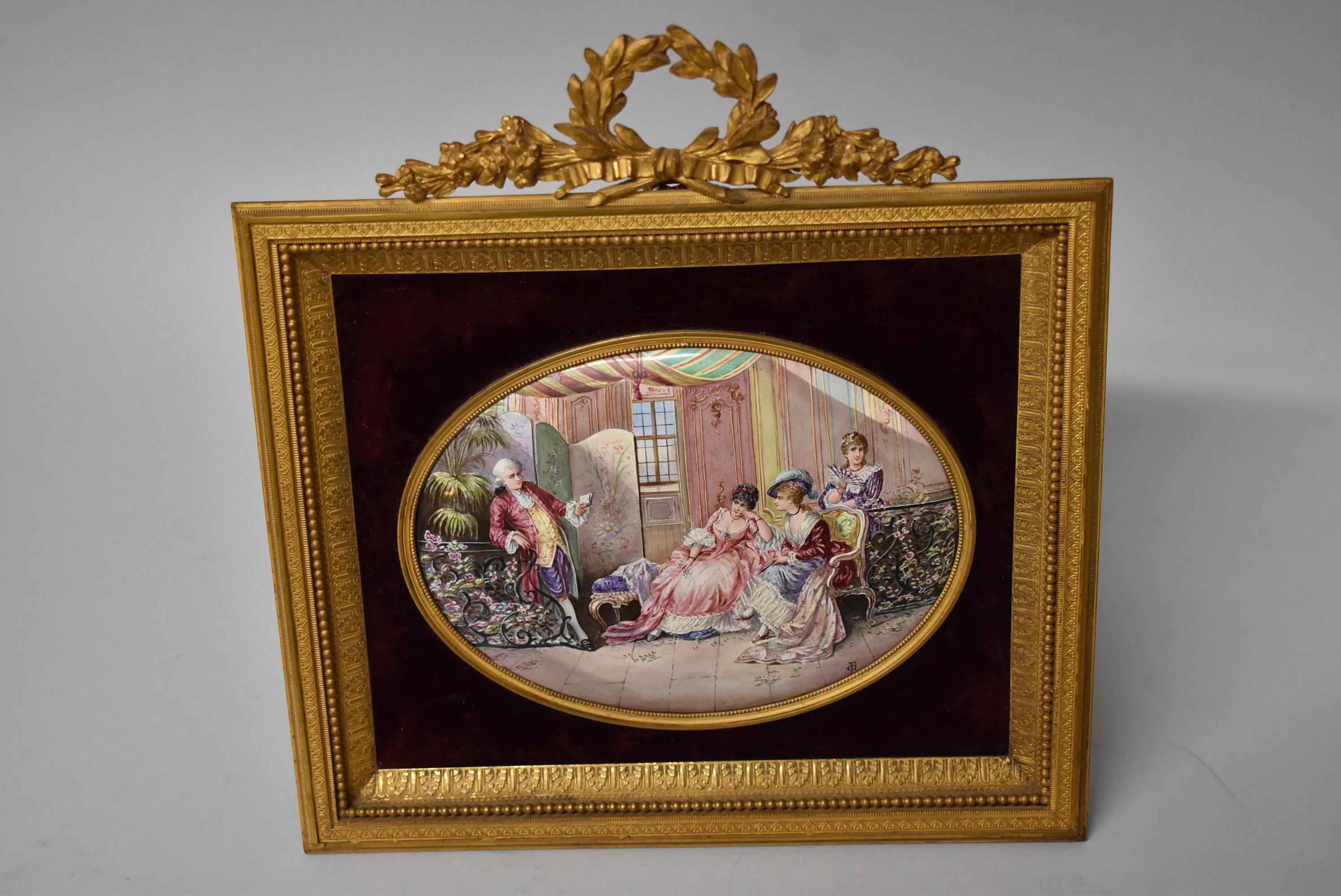 Antique French oval miniature painting on porcelain. Thee ladies and a gentleman gathering in a parlor. Very nice to excellent condition. Fabric on the back is worn.  Image measures 5.5