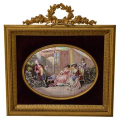Antique French Oval Miniature Painting on Porcelain Bronze Frame