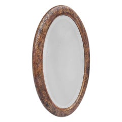 Antique French Oval Mirror, Brown And Gilded Wood With Patina, circa 1950