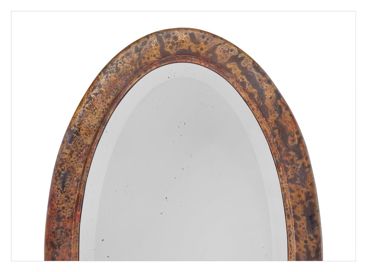 Gilt Antique French Oval Mirror, Brown And Gilded Wood With Patina, circa 1950 For Sale