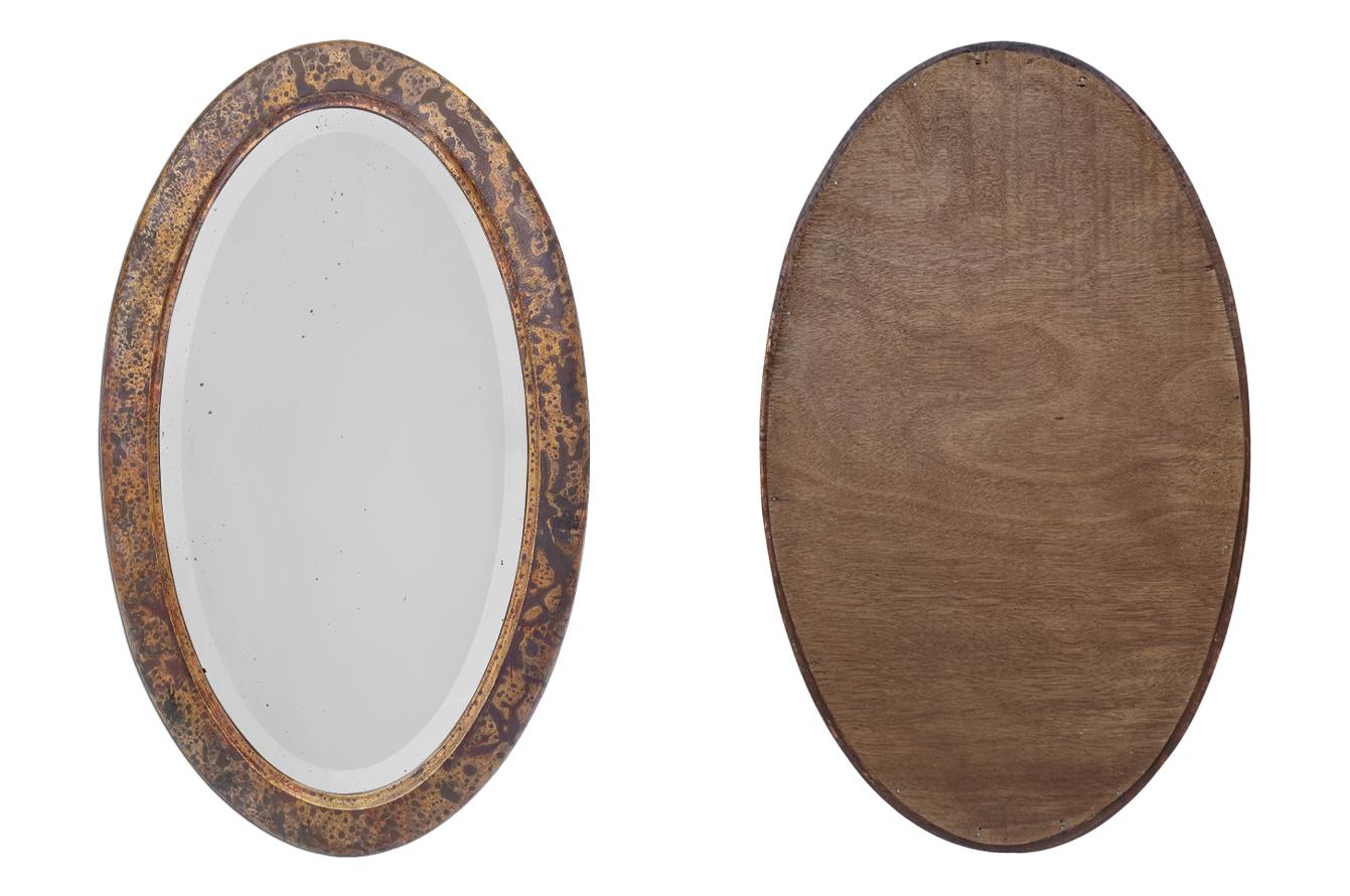 Antique French Oval Mirror, Brown And Gilded Wood With Patina, circa 1950 For Sale 1