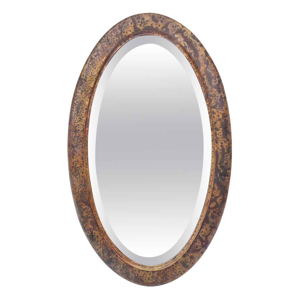 Antique French Oval Mirror, Brown And Gilded Wood With Patina, circa 1950