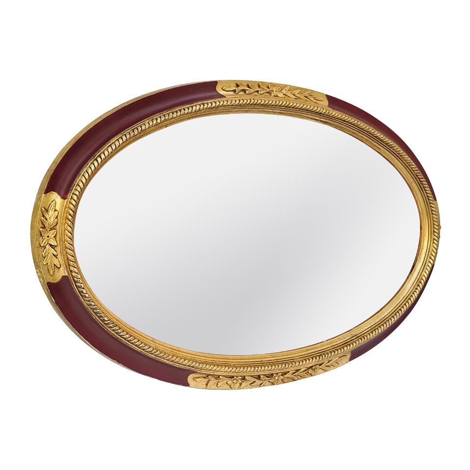 Miroir ovale ancien de style Art Déco français, daté de 1926. Cadre ancien doré et bordeaux avec fleurs et feuillages stylisés et cordon autour de la glace du miroir. Largeur du cadre : 4,5 cm / 1,57 in. Miroir antique en verre biseauté. Dos en bois.