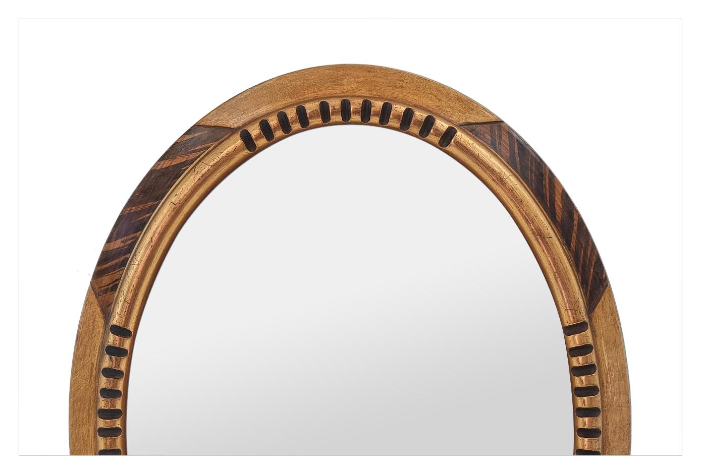 Painted Antique French Oval Mirror, Giltwood & Faux-bois Paint, circa 1940 For Sale