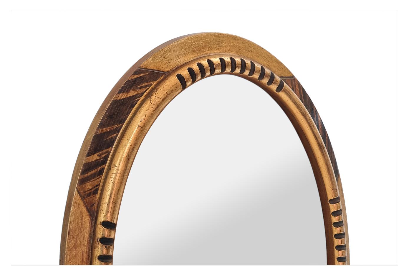 Mid-20th Century Antique French Oval Mirror, Giltwood & Faux-bois Paint, circa 1940 For Sale