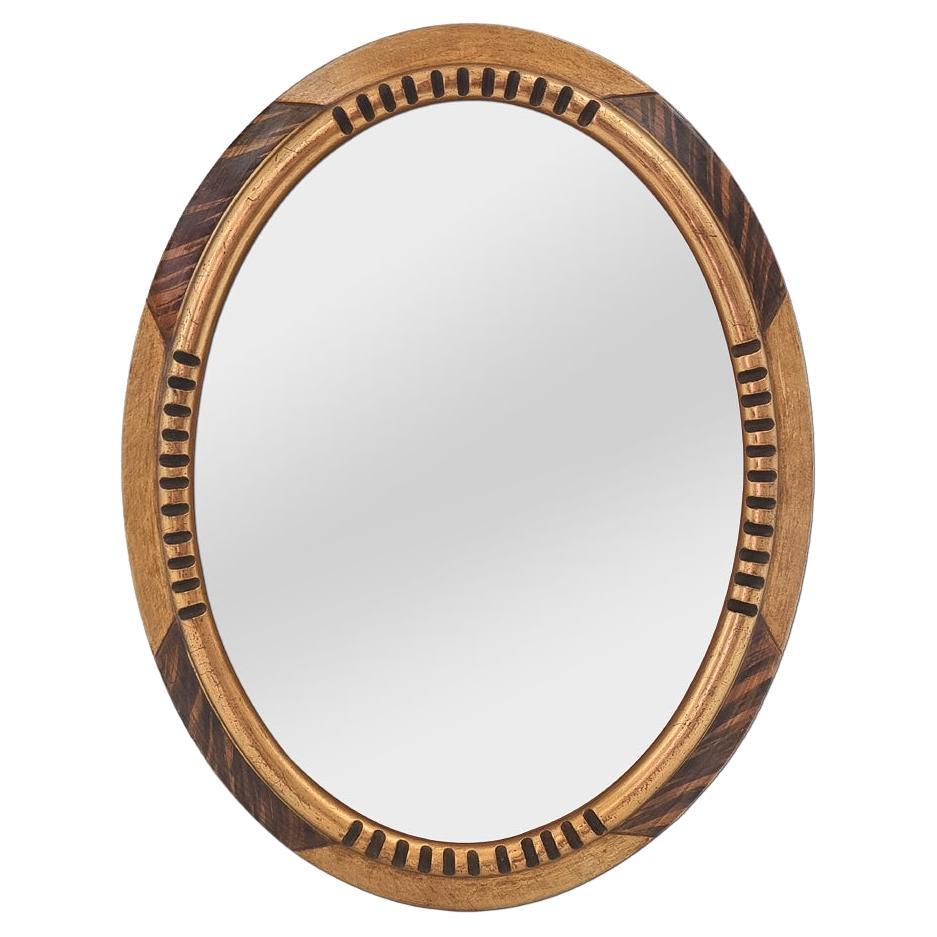 Antique Mirror ovale francese, legno dorato e vernice Faux-bois, circa 1940