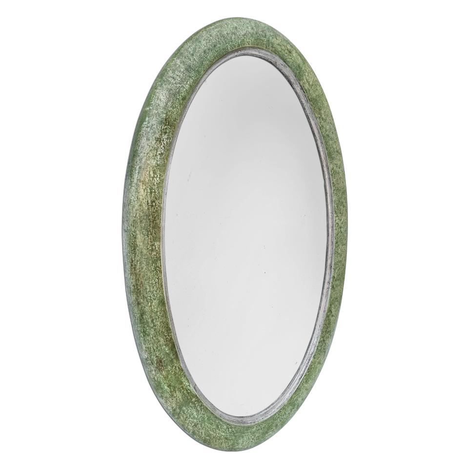 Antique French oval mirror from the 50's. Rare oval frame with green tones marbled patina on a silvered to the leaf background. Antique frame width: 5 cm / 1.96 in. Original antique glass mirror. Wood back.