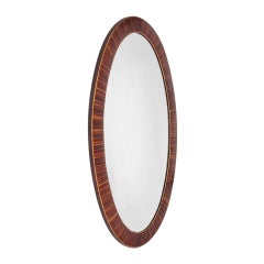 Antique French Oval Mirror With Painted Marquetry-style Decoration, um 1940