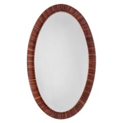 Antique French Oval Mirror With Painted Marquetry-style Decoration, um 1940