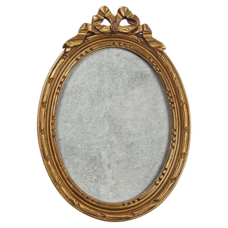 Antique French Oval Photo Frame In Gilded Carved Wood With Bow Circa 