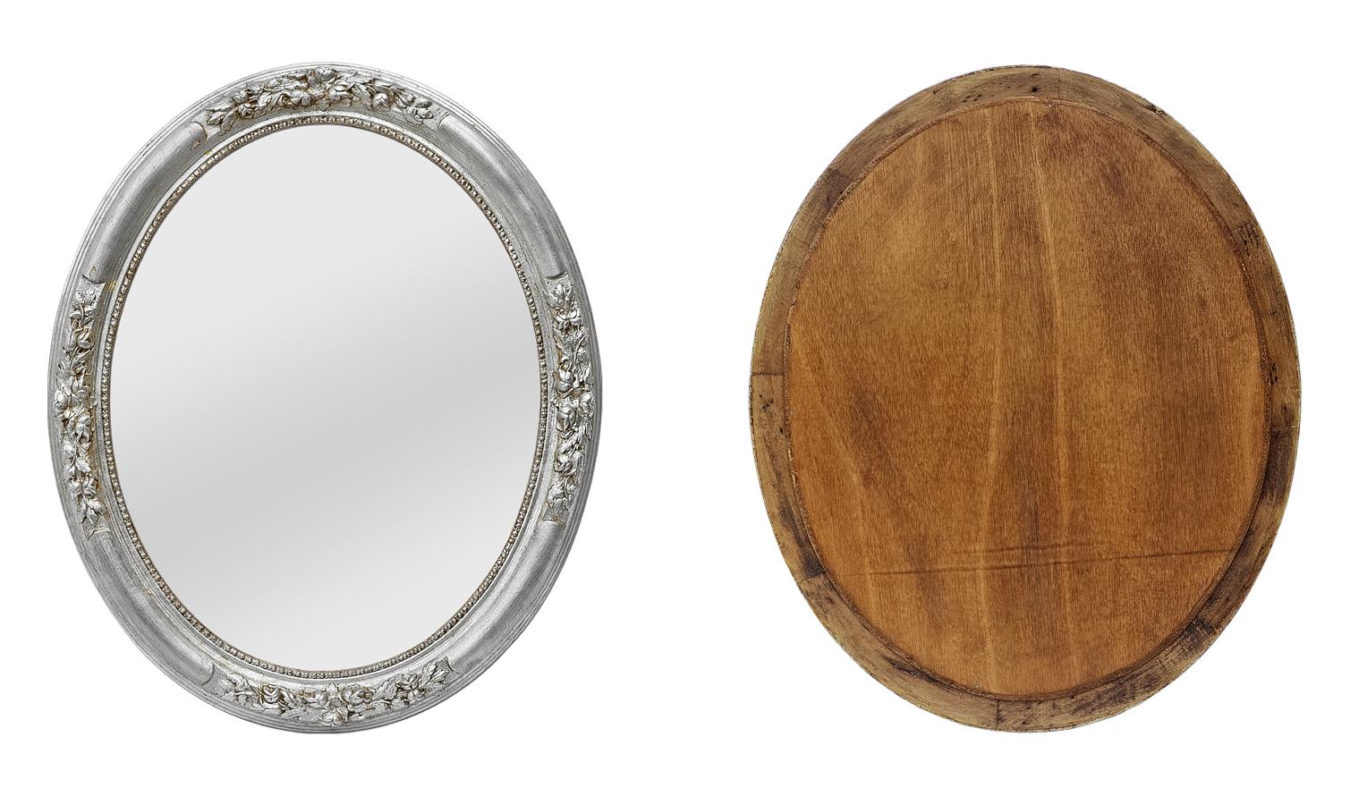Antique French Oval Silverwood Wall mirror With Floral Decoration, circa 1900 For Sale 1