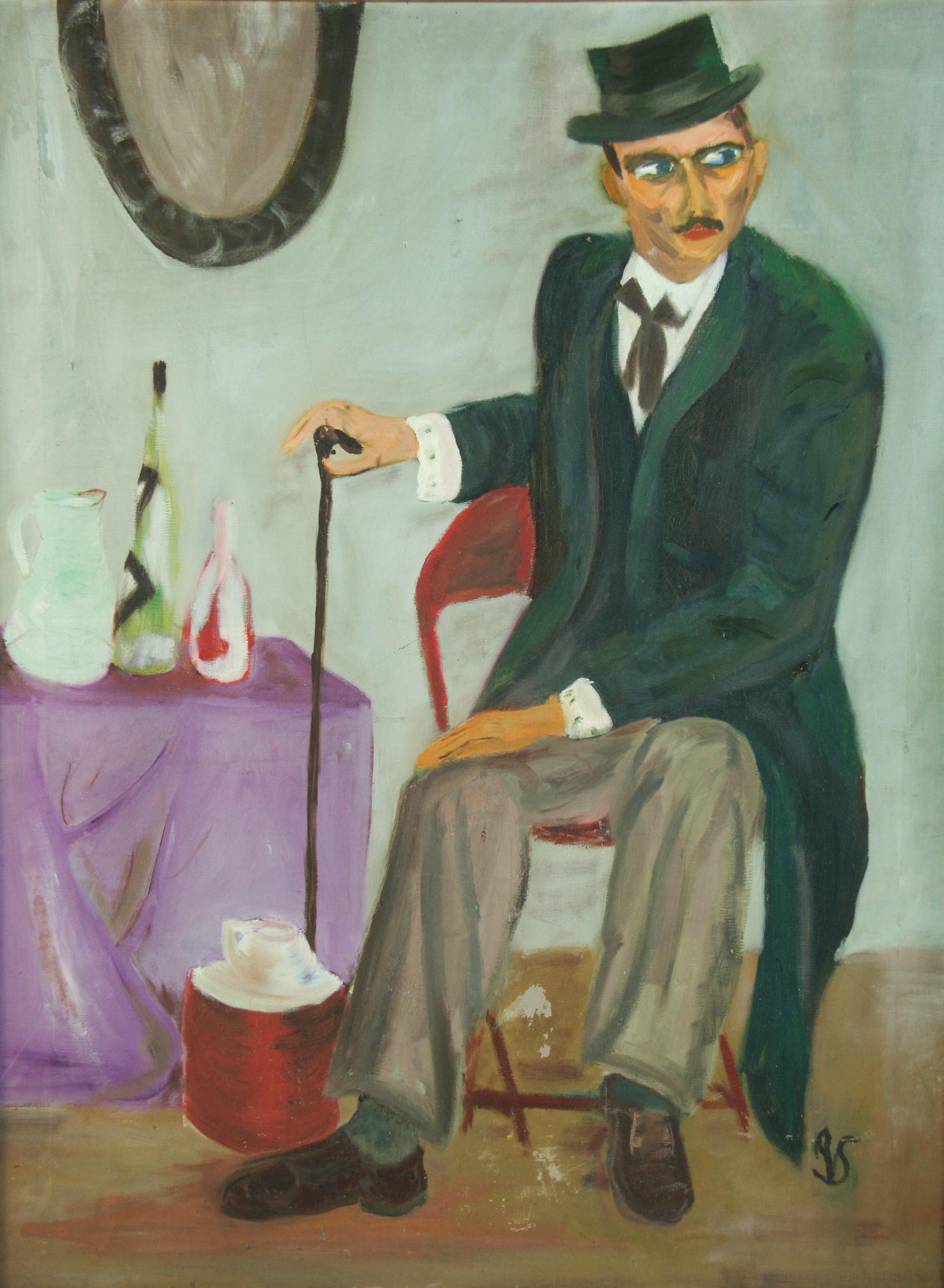 Antique French Oversized Interior Scene Oil Painting The Dapper Frenchman 1940's In Good Condition For Sale In Douglas Manor, NY