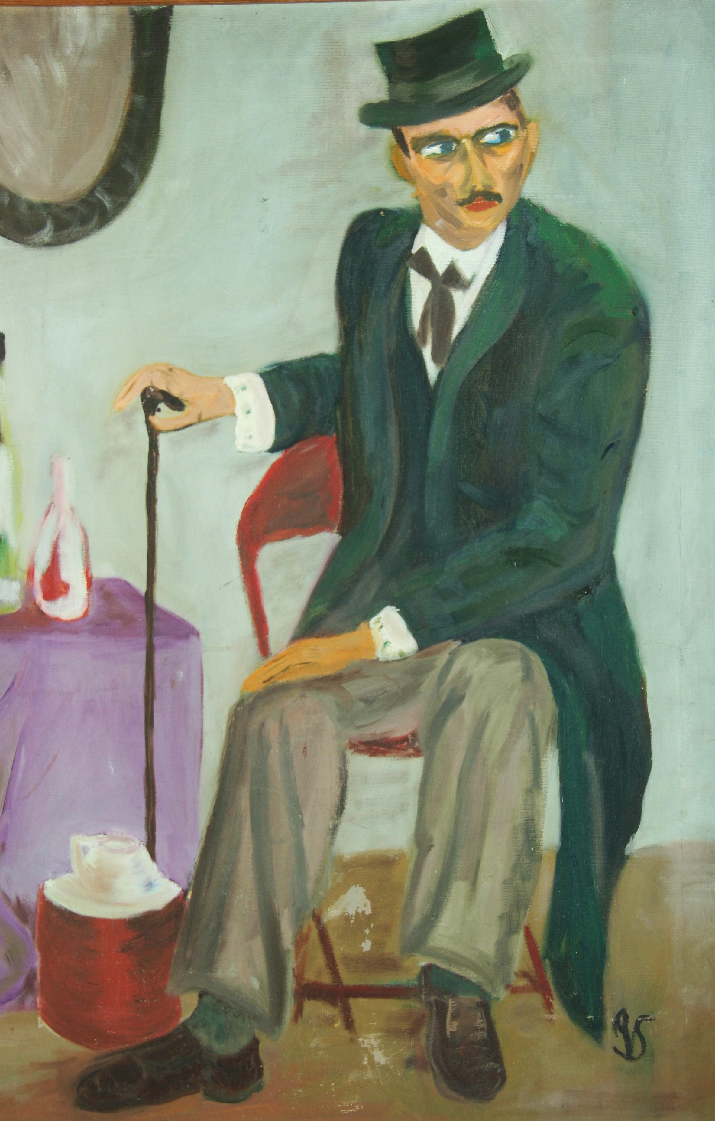 Mid-20th Century Antique French Oversized Interior Scene Oil Painting The Dapper Frenchman 1940's For Sale