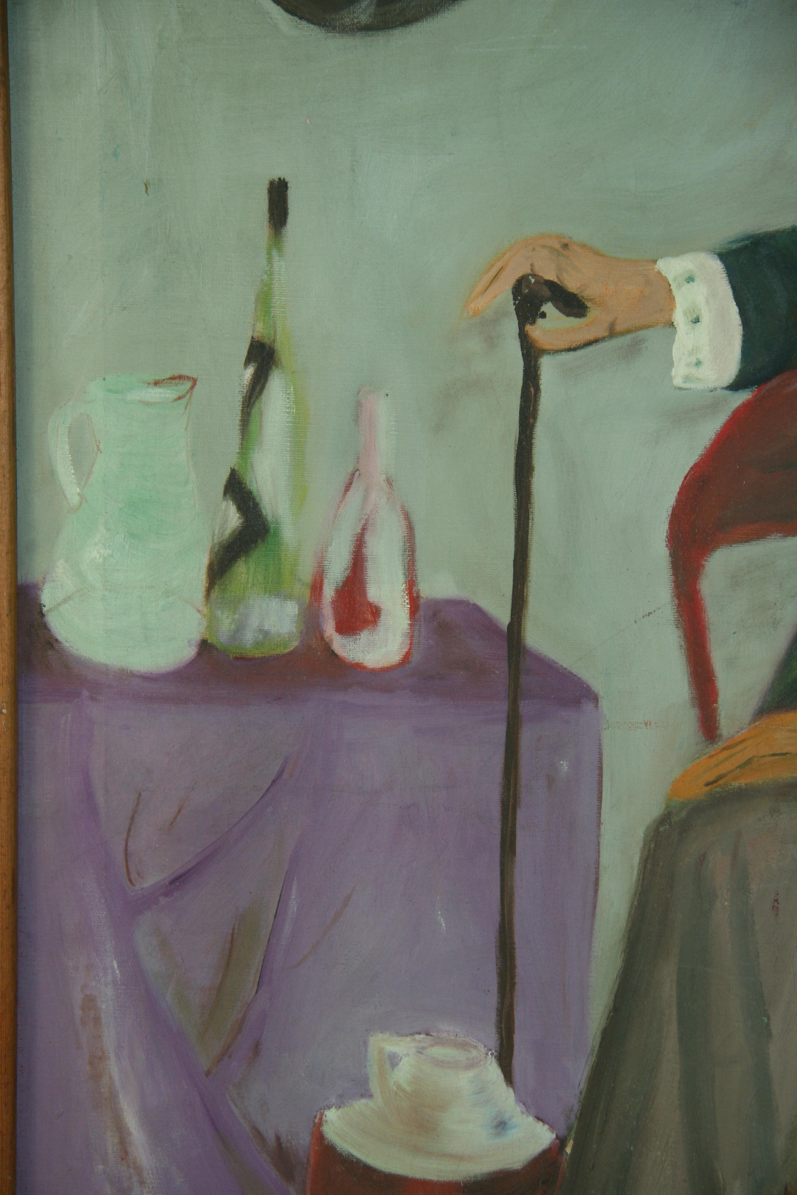 Antique French Oversized Interior Scene Oil Painting The Dapper Frenchman 1940's For Sale 1