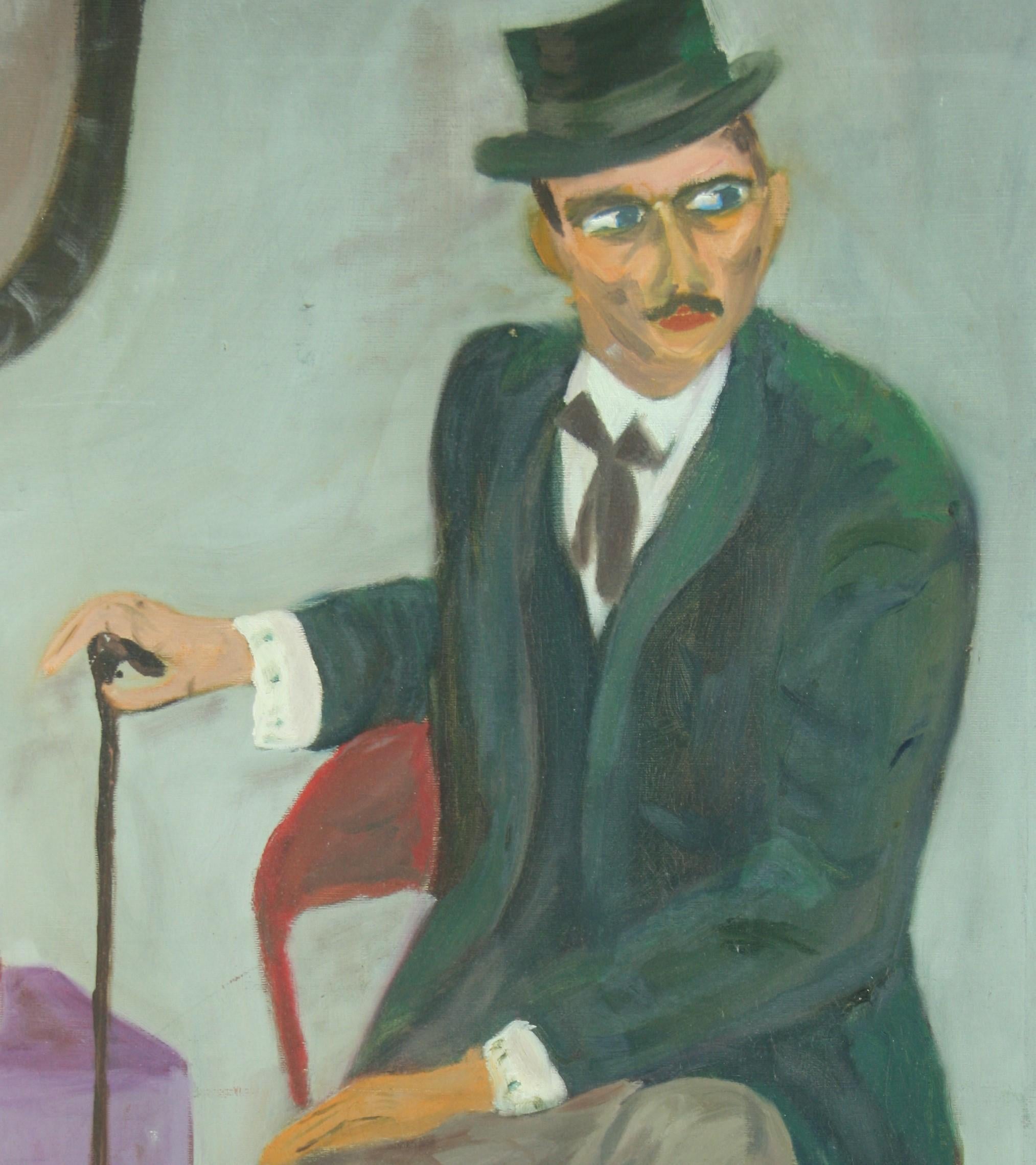 Antique French Oversized Interior Scene Oil Painting The Dapper Frenchman 1940's For Sale 2