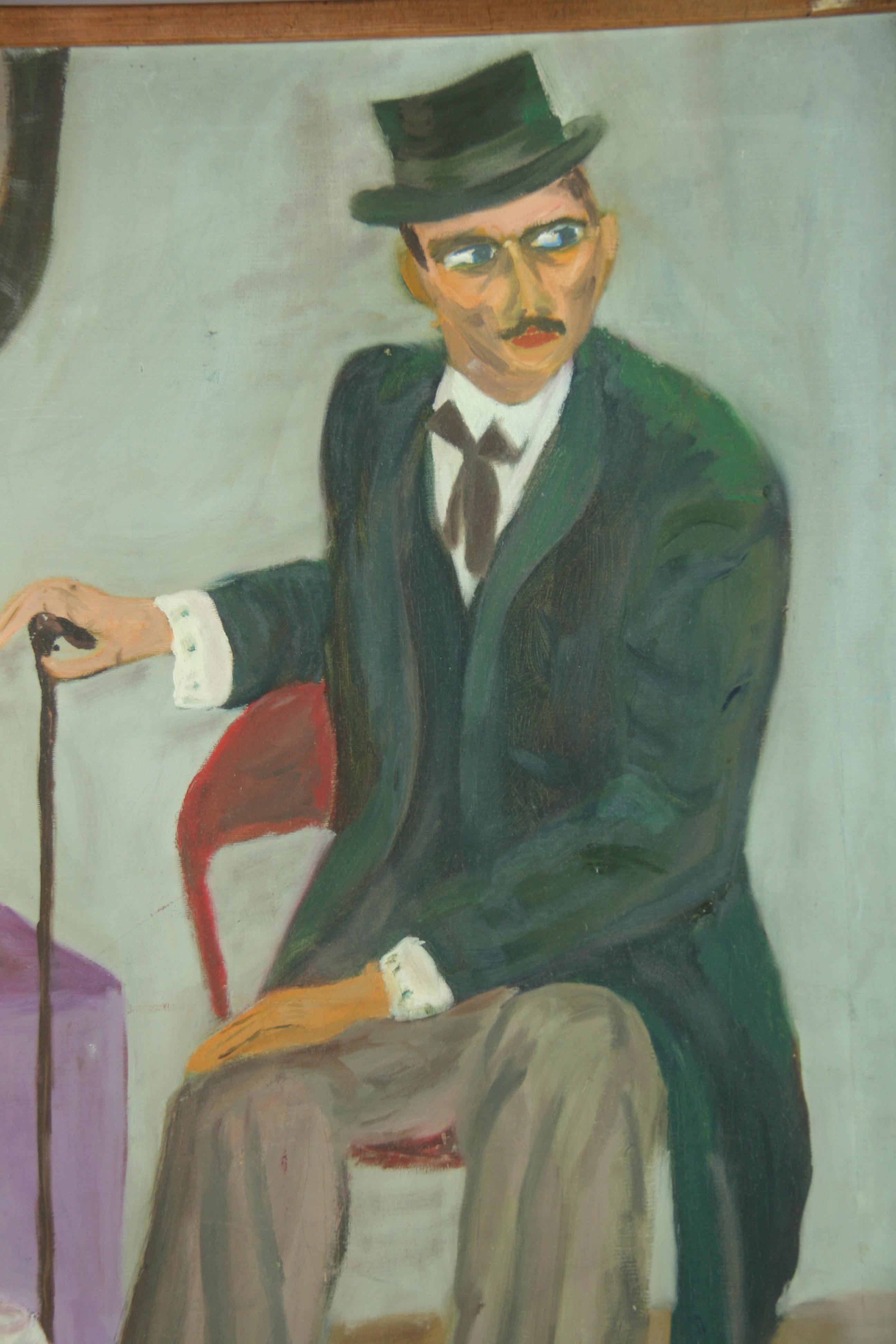 Antique French Oversized Interior Scene Oil Painting The Dapper Frenchman 1940's For Sale 3