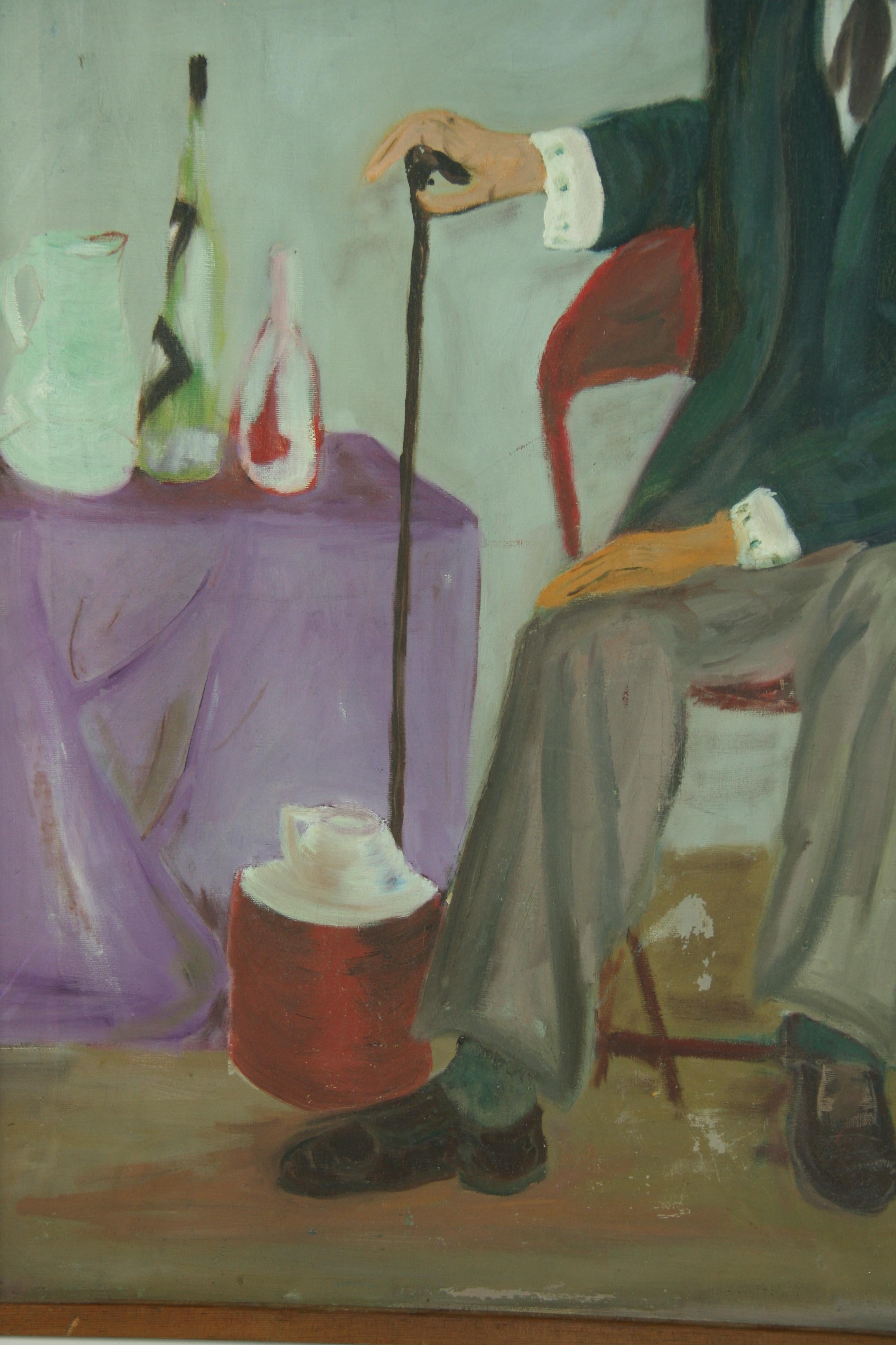 Antique French Oversized Interior Scene Oil Painting The Dapper Frenchman 1940's For Sale 4