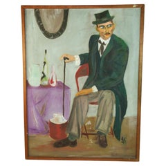 Antique French, pittura ad olio di scena d'interni di grandi dimensioni, The Dapper Frenchman, anni '40