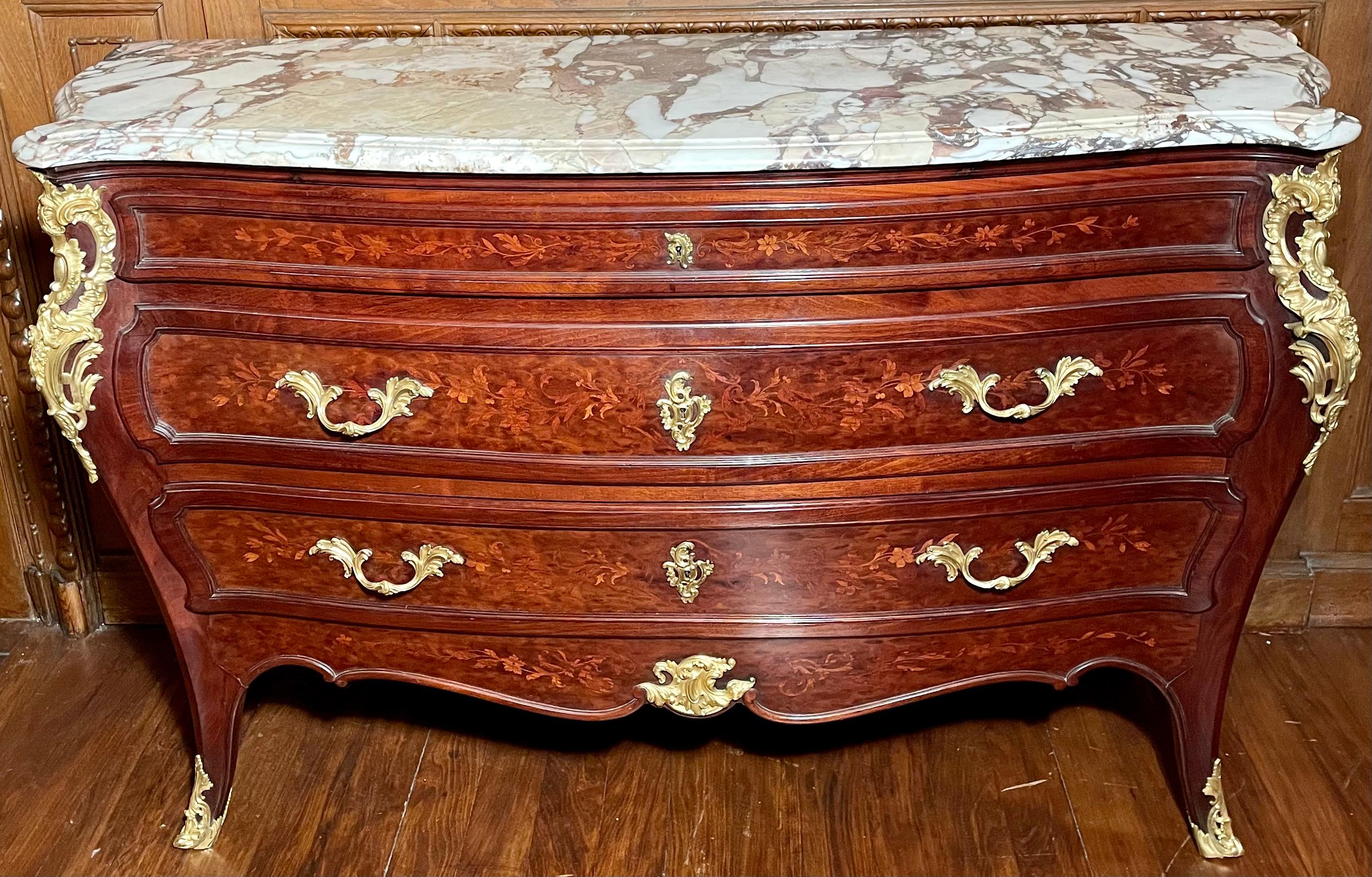 Antique French finest quality mahogany and gold bronze marble-top Bombe commode, signed 